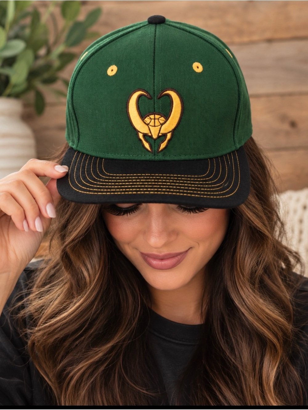 Loki Green & Black Snapback Hat Gold Embroidered Logo